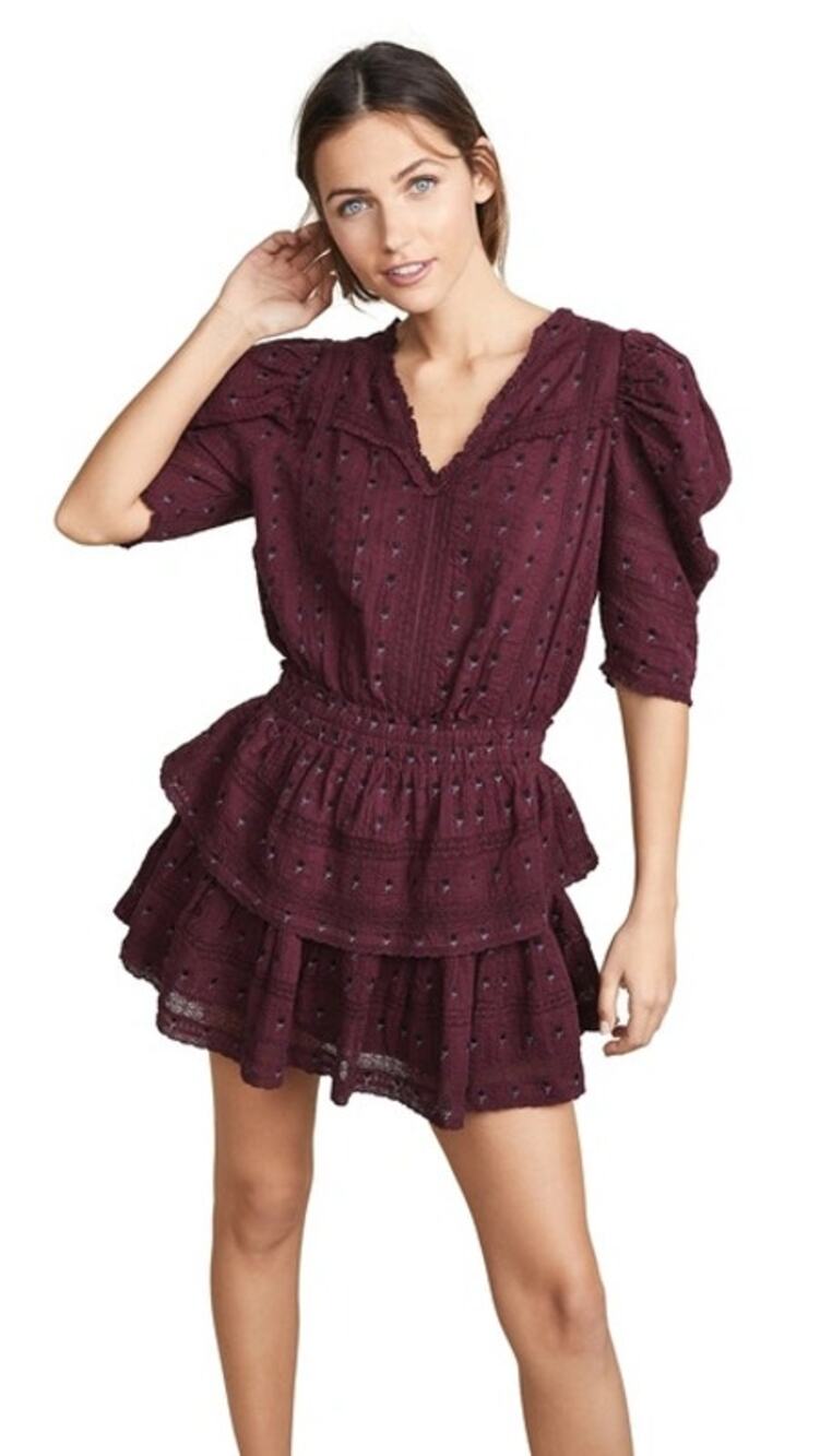 LoveShackFancy Marissa Plum Floral Embroidered Puff Sleeve V-Neck Mini Dress S
